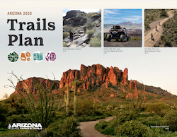 Cover image of the 2025 Trails Plan that features a picture of the Superstition Mountains illuminated in orange rays of light from the setting sun. Three inset pictures show hikers, a side by side vehicle, and bike riders on scenic trails in desert and mountainous landscapes.
